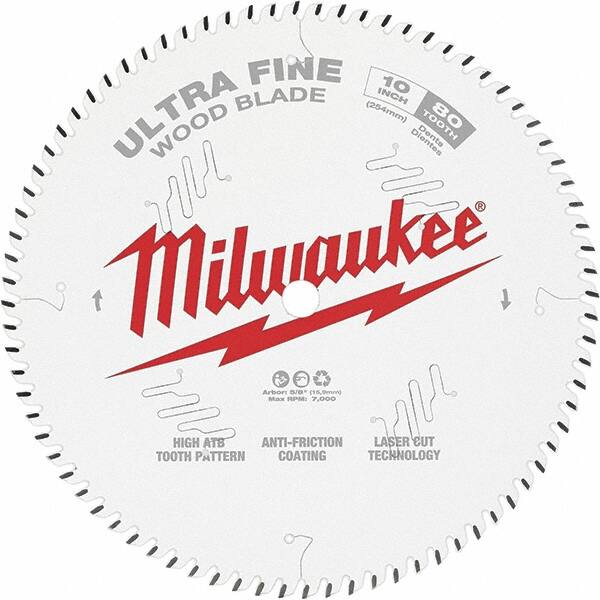 Milwaukee Tool - 10" Diam, 5/8" Arbor Hole Diam, 80 Tooth Wet & Dry Cut Saw Blade - Tungsten Carbide-Tipped, Fine Finish Action, Standard Round Arbor - Caliber Tooling