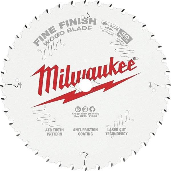 Milwaukee Tool - 8-1/4" Diam, 5/8" Arbor Hole Diam, 40 Tooth Wet & Dry Cut Saw Blade - Tungsten Carbide-Tipped, Fine Finish Action, Standard Round Arbor - Caliber Tooling