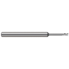 Square End Mill: 1/32'' Dia, 0.045'' LOC, 1/8'' Shank Dia, 2-1/2'' OAL, 3 Flutes, Solid Carbide Single End, Uncoated, 42 ° Variable Helix, Centercutting, RH Cut, RH Flute