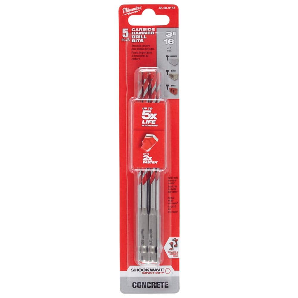 Milwaukee Tool - Rotary Drill/Hammer Drill Bits; Drill Bit Size (Inch): 3/16 ; Shank Type: 1/4" Hex ; Usable Length (Inch): 4.0000 ; Drill Bit Material: Carbide Tipped ; Flute Length (Inch): 4 ; Number of Pieces: 5.000 - Exact Industrial Supply