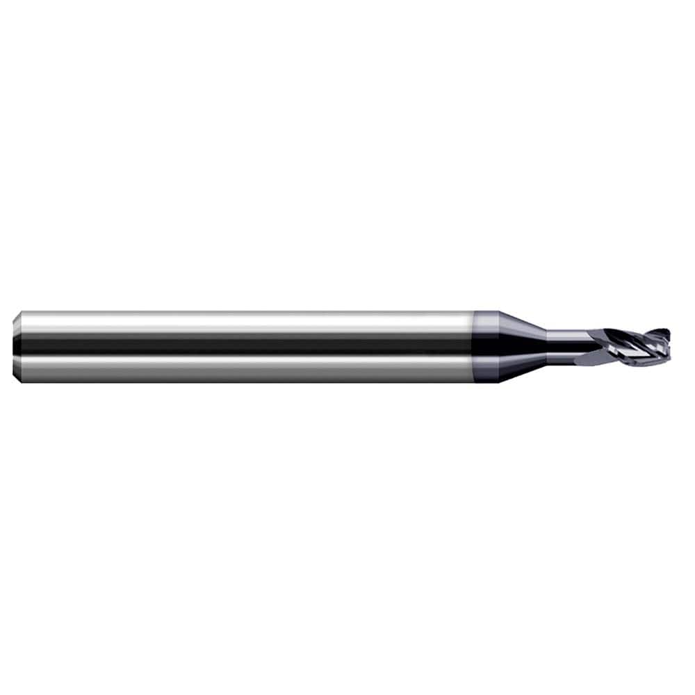 Corner Radius End Mill: 0.031″ Dia, 0.046″ LOC, 0.01″ Radius, 3 Flutes, Solid Carbide 2-1/2″ OAL, 1/8″ Shank Dia, 30 ° Helix, AlTiN Coated, Corner Radius End