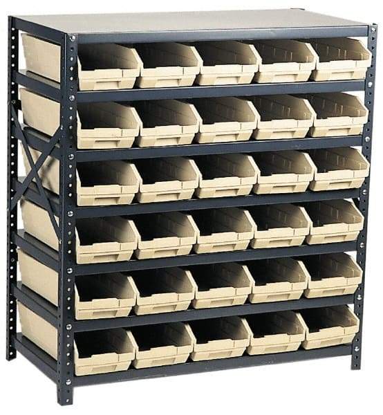 Quantum Storage - 2,100 Lb Capacity, 12" Deep x 36" Wide x 39" High, Steel Floor Rack - 1 Side, 48 Red Polyethylene/Polypropylene Bins - Caliber Tooling