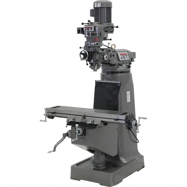 Jet - 9" Table Width x 42" Table Length, Step Pulley Control, 3 Phase Knee Milling Machine - R8 Spindle Taper, 2 hp - Caliber Tooling