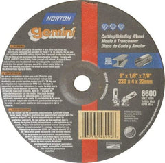 Norton - 24 Grit, 9" Wheel Diam, 1/8" Wheel Thickness, 7/8" Arbor Hole, Type 27 Depressed Center Wheel - Aluminum Oxide, 6,600 Max RPM, Compatible with Angle Grinder - Caliber Tooling