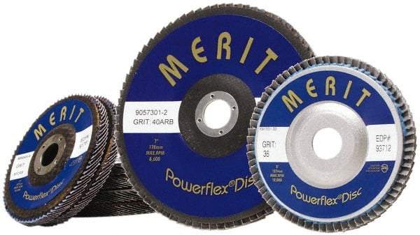 Merit Abrasives - 60 Grit, 5" Disc Diam, 7/8" Center Hole, Type 27 Zirconia Alumina Flap Disc - 12,000 Max RPM, Fiberglass Backing, Arbor Attaching System, Coated - Caliber Tooling