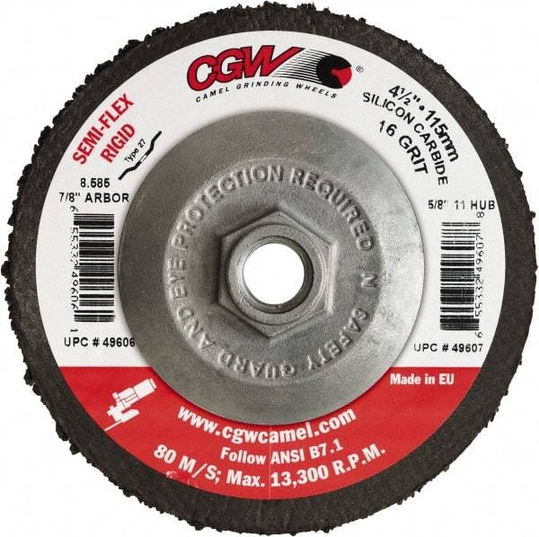 Camel Grinding Wheels - 4-1/2" Diam 5/8-11 Threaded Hole 16 Grit Fiber Disc - Coarse Grade, Silicon Carbide, 13,300 Max RPM - Caliber Tooling