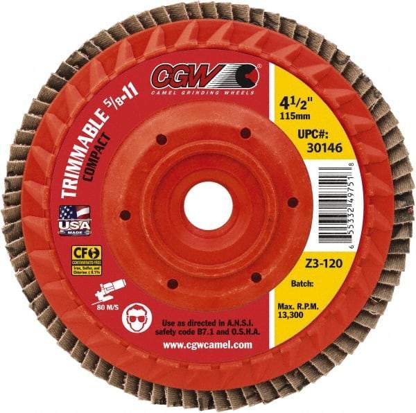 Camel Grinding Wheels - 80 Grit, 4-1/2" Disc Diam, 5/8-11 Center Hole, Compact Ceramic Flap Disc - 13,300 Max RPM, Cloth Backing, Arbor Attaching System, Coated - Caliber Tooling