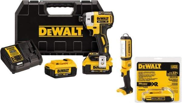 DeWALT - 20 Volt, 1/4" Drive, 20, 125, 152 Ft/Lb Torque, Cordless Impact Driver - 1000, 2800, 3250 RPM, 3 Lithium-Ion Batteries Included - Caliber Tooling