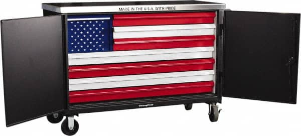 Strong Hold - 3,200 Lb Capacity, 8 Drawer, 2 Door Tool Cart - 60" Wide x 24" Deep x 50" High, Steel, Black/Red/White/Blue - Caliber Tooling