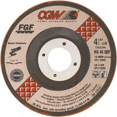 Camel Grinding Wheels - 46 Grit, 4-1/2" Wheel Diam, 1/8" Wheel Thickness, Type 27 Depressed Center Wheel - Medium Grade, Aluminum Oxide, Resinoid Bond, 13,300 Max RPM - Caliber Tooling