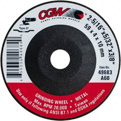 Camel Grinding Wheels - 60 Grit, 2-5/16" Wheel Diam, 5/32" Wheel Thickness, 3/8" Arbor Hole, Type 27 Depressed Center Wheel - Medium Grade, Aluminum Oxide, Resinoid Bond, 20,000 Max RPM - Caliber Tooling