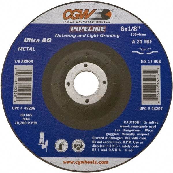 Camel Grinding Wheels - 24 Grit, 5" Wheel Diam, 1/8" Wheel Thickness, Type 27 Depressed Center Wheel - Coarse Grade, Aluminum Oxide, Resinoid Bond, 12,250 Max RPM - Caliber Tooling