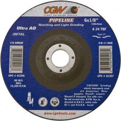 Camel Grinding Wheels - 24 Grit, 6" Wheel Diam, 1/8" Wheel Thickness, Type 27 Depressed Center Wheel - Coarse Grade, Aluminum Oxide, Resinoid Bond, 10,200 Max RPM - Caliber Tooling