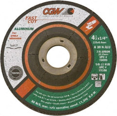 Camel Grinding Wheels - 30 Grit, 5" Wheel Diam, 1/4" Wheel Thickness, 7/8" Arbor Hole, Type 27 Depressed Center Wheel - Medium Grade, Aluminum Oxide, Resinoid Bond, 12,250 Max RPM - Caliber Tooling