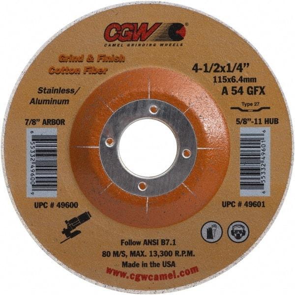 Camel Grinding Wheels - 54 Grit, 4-1/2" Wheel Diam, 1/4" Wheel Thickness, 7/8" Arbor Hole, Type 27 Depressed Center Wheel - Medium Grade, Aluminum Oxide, 13,300 Max RPM - Caliber Tooling