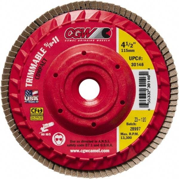 Camel Grinding Wheels - 40 Grit, 6" Disc Diam, 5/8-11 Center Hole, Compact Zirconia Alumina Flap Disc - 10,200 Max RPM, Poly Cotton Backing, Arbor Attaching System, Coated - Caliber Tooling