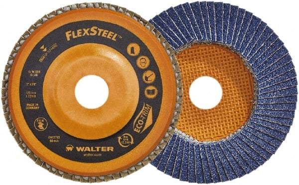 WALTER Surface Technologies - 60 Grit, 5" Disc Diam, 7/8" Center Hole, Type 27 Zirconia Alumina Flap Disc - 12,200 Max RPM, Wood Fiber Backing, Arbor Attaching System, Coated - Caliber Tooling