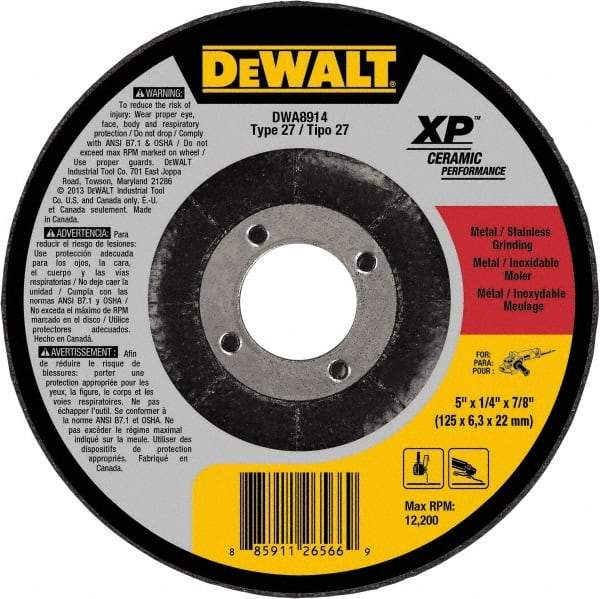 DeWALT - 5" Wheel Diam, 1/4" Wheel Thickness, 7/8" Arbor Hole, Type 27 Depressed Center Wheel - Medium Grade, Ceramic, 12,200 Max RPM - Caliber Tooling