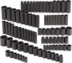 Proto - 86 Piece 3/8" & 1/2" Drive Black Finish Deep Well Impact Socket Set - 6 Points, 5/16" to 1-1/4" (9mm to 27mm) Range, Inch/Metric Measurement Standard - Caliber Tooling