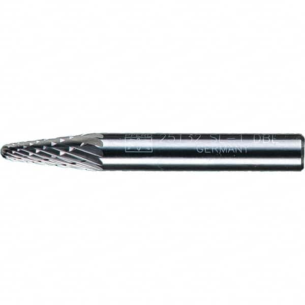 PFERD - 1/4" Cut Diam, 1/4" Shank Diam, 14° Taper Head Double Cut Burr - Tungsten Carbide, 5/8" LOC, 1-15/16" OAL - Caliber Tooling