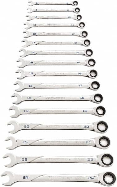 GearWrench - 16 Piece, 8mm to 24mm, Ratcheting Combination Wrench Set - Metric Measurement Standard, Chrome Finish - Caliber Tooling