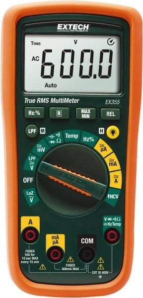 Extech - EX355, CAT III, 600 VAC/VDC, Digital True RMS Multimeter - 60 mOhm, Measures Voltage, Capacitance, Current, Frequency, Resistance, Temperature - Caliber Tooling