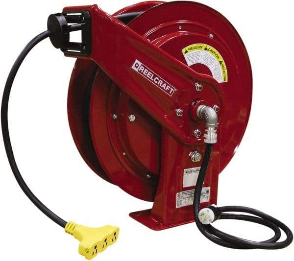 Reelcraft - 12 AWG, 75' Cable Length, Cord & Cable Reel with Triple-Tap Outlet End - 3 Outlets, NEMA 5-15R, 15 Amps, 125 Volts, SEOOW Cable, Red Reel, Spring Driven Reel - Caliber Tooling