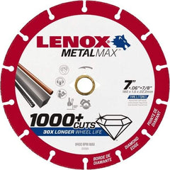 Lenox - 7" 40/50 Grit Diamond Cutoff Wheel - 0.06" Thick, 7/8" Arbor, 8,400 Max RPM, Use with Angle Grinders - Caliber Tooling