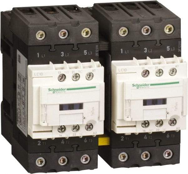 Schneider Electric - 3 Pole, 120 Coil VAC at 50 Hz and 120 Coil VAC at 60 Hz, 40 Amp, IEC Contactor - 1 Phase hp: 3 hp (115), 5 hp (230/240), 3 Phase hp: 10 hp (200/208), 10 hp (230/240), 30 hp (460/480), 30 hp (575/600) - Caliber Tooling