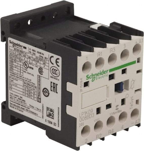 Schneider Electric - 4 Pole, 24 Coil VDC, 16 Amp at 690 VAC and 20 Amp at 440 VAC, Nonreversible IEC Contactor - BS 5424, CSA, IEC 60947, NF C 63-110, RoHS Compliant, UL Listed, VDE 0660 - Caliber Tooling