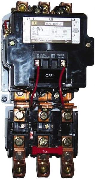 Square D - 208 Coil VAC at 60 Hz, 135 Amp, NEMA Size 4, Nonreversible Open Enclosure NEMA Motor Starter - 3 Phase hp: 100 at 460 VAC, 100 at 575 VAC, 40 at 200 VAC, 50 at 230 VAC - Caliber Tooling