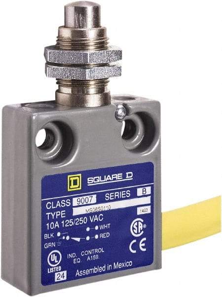 Square D - SPDT, NC/NO, 240 VAC, Prewired Terminal, Plunger Actuator, General Purpose Limit Switch - 1, 2, 4, 6, 6P NEMA Rating, IP67 IPR Rating, Panel Mount, 80 Ounce Operating Force - Caliber Tooling