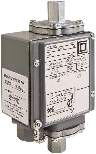 Square D - 4, 13 and 4X NEMA Rated, DPDT, 5,000 psi, Electromechanical Pressure and Level Switch - Adjustable Pressure, 120 VAC at 6 Amp, 125 VDC at 0.22 Amp, 240 VAC at 3 Amp, 250 VDC at 0.11 Amp, 1/4 Inch Connector, Screw Terminal, For Use with 9012G - Caliber Tooling