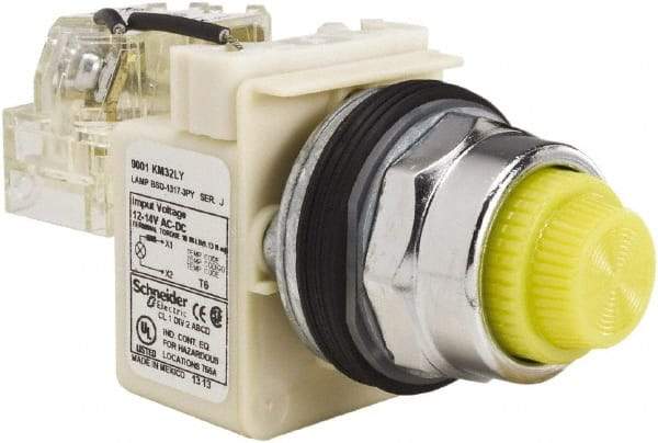 Schneider Electric - 12-14 VAC/VDC Yellow Lens LED Push-to-Test Pilot Light - Fresnel/Round Lens, Screw Clamp Connector, 104mm OAL x 54mm Wide, Dust-tight, Oiltight, Shock Resistant, Vibration Resistant, Watertight - Caliber Tooling