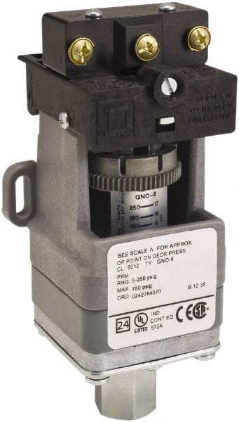 Square D - SPDT, 5 to 250 psi, Electromechanical Pressure and Level Switch - Adjustable Pressure, 120 VAC at 6 Amp, 125 VDC at 0.22 Amp, 240 VAC at 3 Amp, 250 VDC at 0.27 Amp, 1/4 Inch Connector, Screw Terminal, For Use with 9012G - Caliber Tooling