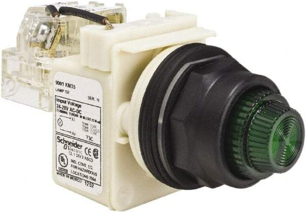 Schneider Electric - 24 V, 28 V Green Lens Press-to-Test Indicating Light - Round Lens, Screw Clamp Connector, Corrosion Resistant, Dust Resistant, Oil Resistant - Caliber Tooling