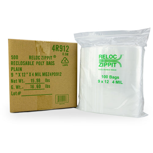 9″ × 12″ 4-MIL Clear Reloc Zippit Zipper Bags , Sold per Case of 500 (5 boxes of 100 per case)