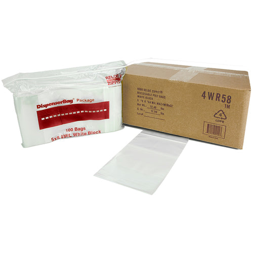 5″ × 8″ 4-MIL White Block Reloc Zippit Zipper Bags, Sold per Case of 1000 (10 boxes of 100 per case)