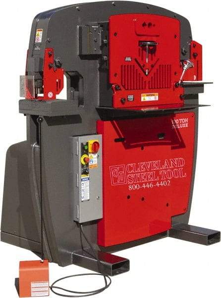 Cleveland Steel Tool - 11" Throat Depth, 100 Ton Punch Pressure, 3-1/2" Punch Capacity Ironworker - 10 hp, 3 Phase, 208/230 Volts, 45-1/2" Wide x 63-1/8" High x 56" Deep - Caliber Tooling