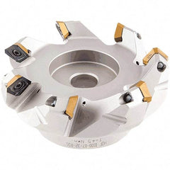 Iscar - 59.4, 60.7, 62.1mm Cut Diam, 22mm Arbor Hole, 2.5mm Max Depth of Cut, 42° Indexable Chamfer & Angle Face Mill - 4 Inserts, OE.. 060405\xB6OEMW 060405-AETN\xB6REMT 1505-LM-76 Insert, Right Hand Cut, 4 Flutes, Through Coolant, Series Heliocto - Caliber Tooling