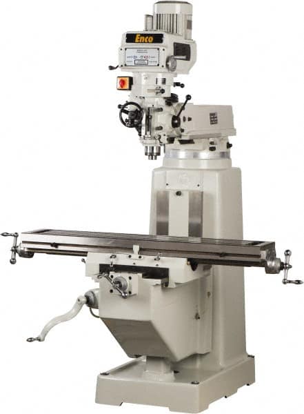 Enco - 10" Table Width x 54" Table Length, Variable Speed Pulley Control, 3 Phase Knee Milling Machine - R8 Spindle Taper, 3 hp - Caliber Tooling