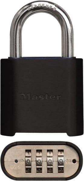 Master Lock - 2" Body Width x 3" Body Height, 1" Shackle Clearance, Powder Coating Combination Lock - 5/16" Shackle Diam, 1" Shackle Width, Set Your Own 4 Digit Combination - Caliber Tooling