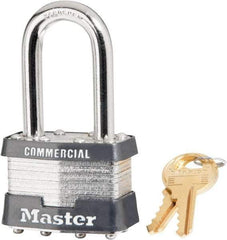 Master Lock - 1-1/2" Shackle Clearance, Keyed Alike Laminated Steel Padlock - 5/16" Shackle Diam, Steel - Caliber Tooling