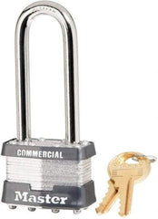 Master Lock - 2-1/2" Shackle Clearance, Keyed Different Laminated Steel Padlock - 5/16" Shackle Diam, Steel - Caliber Tooling