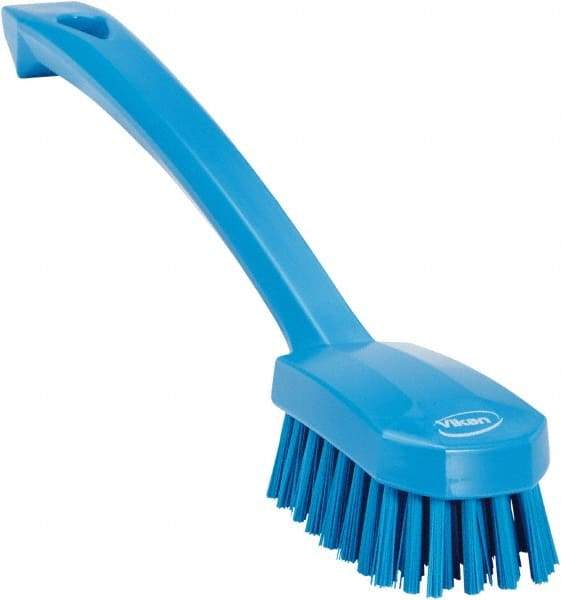 Vikan - 0.8" Bristle Length, Polyester Food Service Brush - 3" Long x 1.6" Wide Head, 10.2" OAL, Ergonomic Handle, Blue, Polypropylene Block - Caliber Tooling