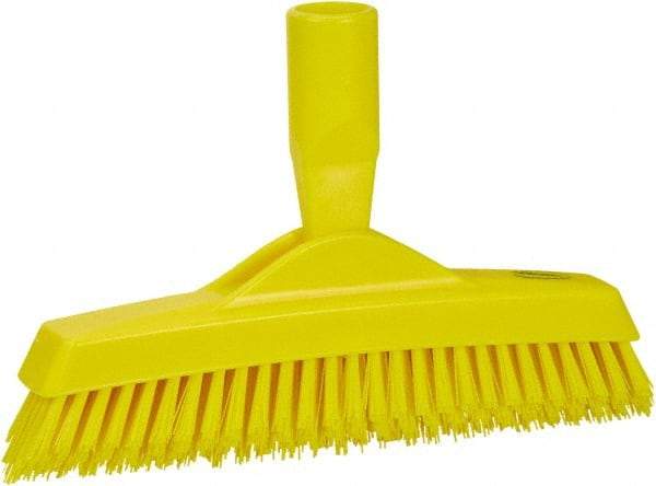 Vikan - 1.6" Bristle Length, Polyester Utility Scrub Brush - 9" Long x 1-1/2" Wide Head, 9-1/4" OAL, European Threaded Handle, Yellow, Polypropylene Block - Caliber Tooling