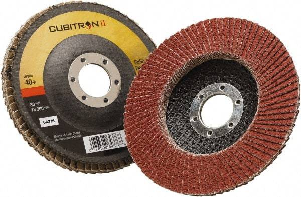 3M - 40 Grit, 4-1/2" Disc Diam, 7/8" Center Hole, Type 27 Ceramic Flap Disc - 13,300 Max RPM, Polyester Backing, Arbor Attaching System, Coated - Caliber Tooling