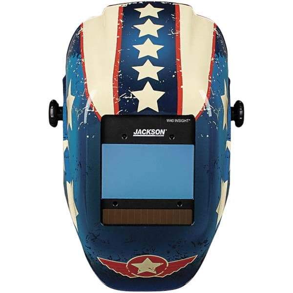 Jackson Safety - 2.36" Window Width x 3.94" Window Height, 9 to 13 Shade Auto-Darkening Lens, Fixed Front Welding Helmet with Digital Controls - Red/White/Blue Stars & Scars Design, Nylon - Caliber Tooling