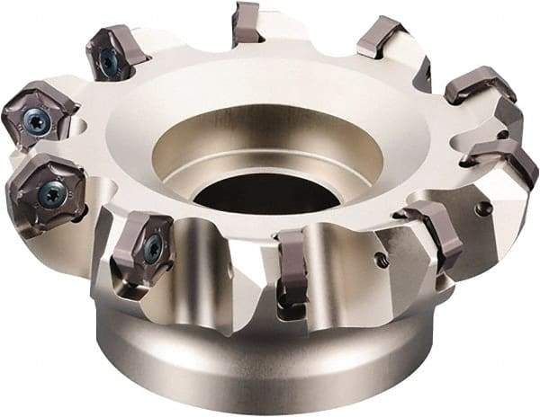 Kyocera - 200mm Cut Diam, 60mm Arbor Hole, 6mm Max Depth of Cut, 45° Indexable Chamfer & Angle Face Mill - 14 Inserts, PNEU 12..\xB6PNMU 12.. Insert, Right Hand Cut, 14 Flutes, Series MFPN - Caliber Tooling