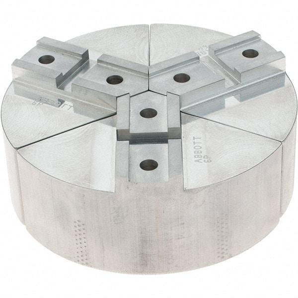 Abbott Workholding Products - 6" Max Chuck Capacity, Serrated Interface, Round Soft Lathe Chuck Jaw - 3 Jaw, Aluminum, 42.88mm Btw Mount Hole Ctrs, 6" Wide, 2" High, 18.75mm Groove, 5/16" Fastener - Caliber Tooling